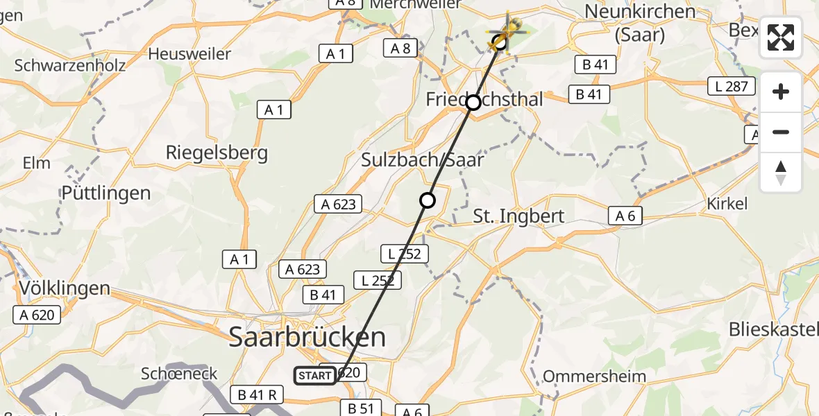 Flugroute Rettungshubschrauber Saarbrücken - Schiffweiler, 16 Oktober 2026, 13:08