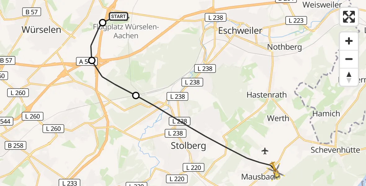 Flugroute Rettungshubschrauber Aachen-Merzbrück Flughafen - Stolberg (Rhld.), 16 Oktober 2026, 13:11