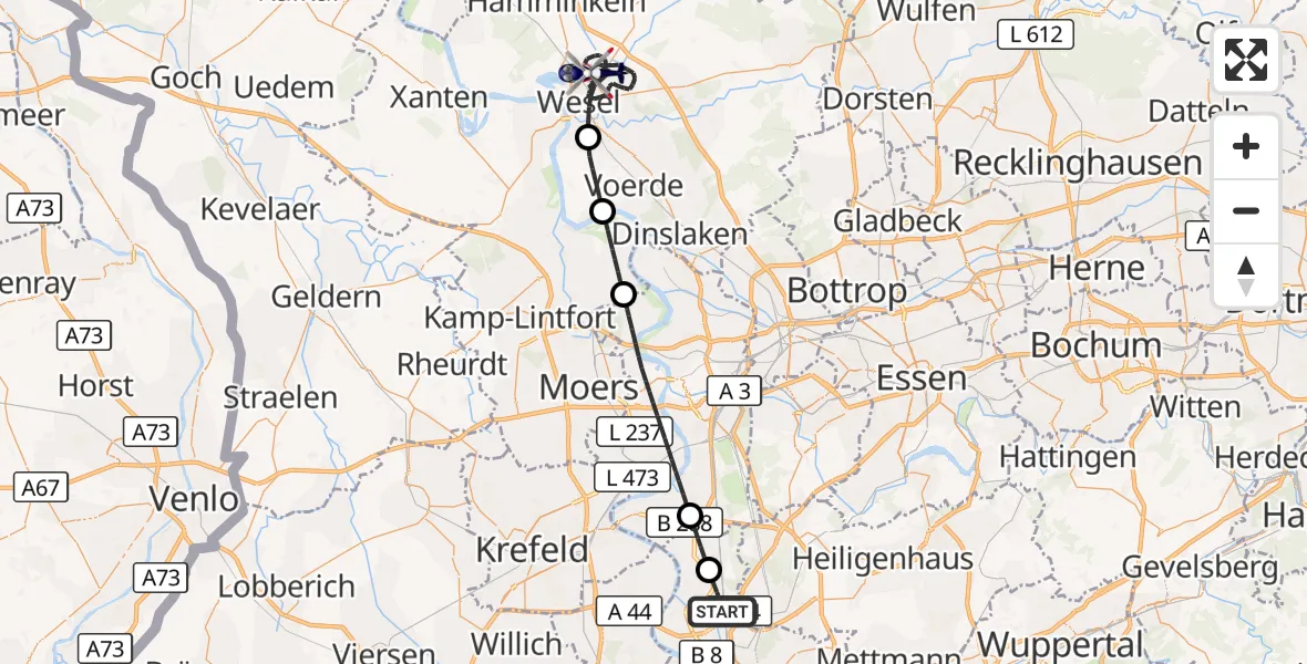 Flugroute Polizeihubschrauber Düsseldorf Flughafen - Wesel, 16 Oktober 2026, 13:14