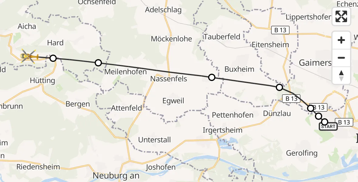 Flugroute Rettungshubschrauber Ingolstadt Hospital - Wellheim, 16 Oktober 2026, 13:15