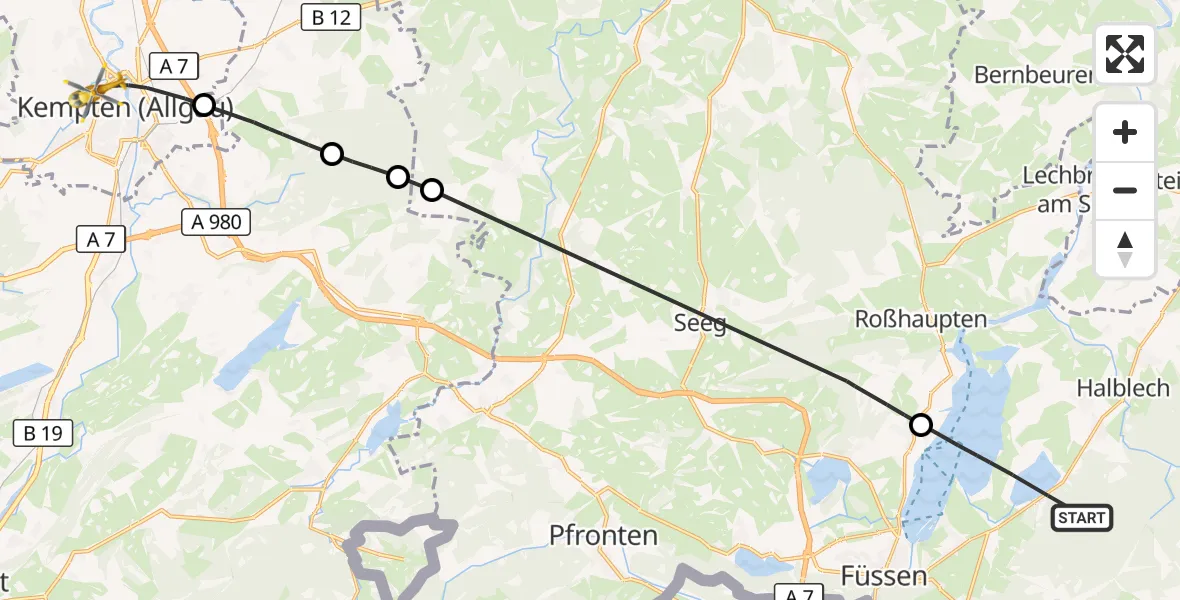 Flugroute Rettungshubschrauber Schwangau - Kempten (Allgäu), 16 Oktober 2026, 13:19