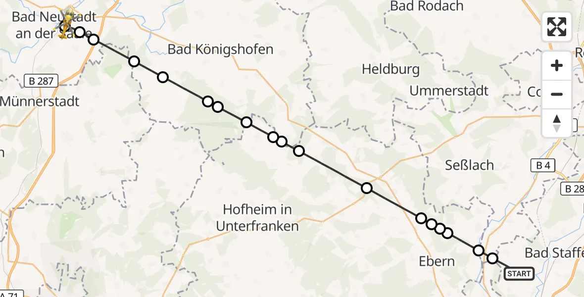 Flugroute Rettungshubschrauber Ebensfeld - Bad Neustadt an der Saale Hospital, 16 Oktober 2026, 13:25