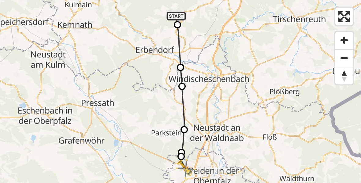 Flugroute Ambulanzhubschrauber Friedenfels - Weiden i.d.OPf., 16 Oktober 2026, 13:28