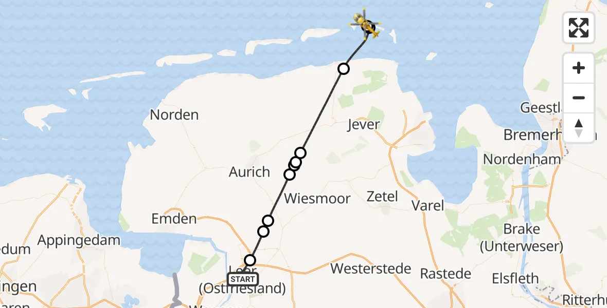 Flugroute Ambulanzhubschrauber Leer (Ostfriesland) - Noordzee, 16 Oktober 2026, 13:28