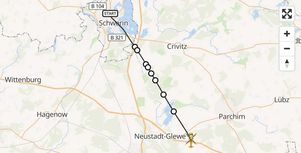 Flugroute Rettungshubschrauber Schwerin - Spornitz, 16 Oktober 2026, 13:29