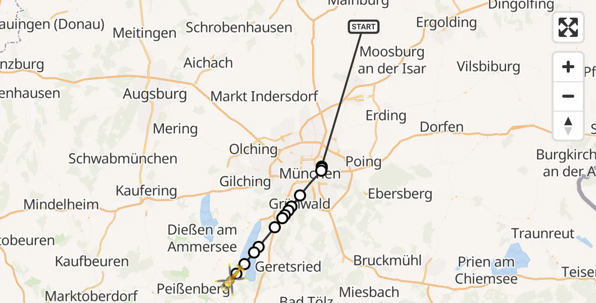 Flugroute Rettungshubschrauber Rudelzhausen - Seeshaupt, 16 Oktober 2026, 13:30