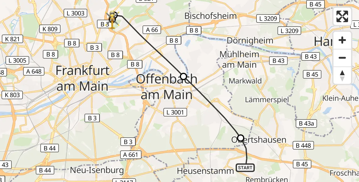 Flugroute Rettungshubschrauber Obertshausen - Frankfurt am Main Accident Hospital Roof Helipad (CHX2), 16 Oktober 2026, 13:34