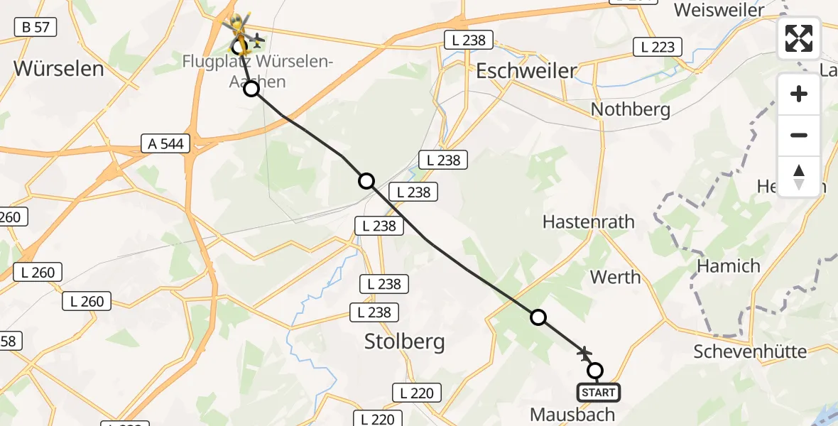 Flugroute Rettungshubschrauber Stolberg (Rhld.) - Aachen-Merzbrück Flughafen, 16 Oktober 2026, 13:34