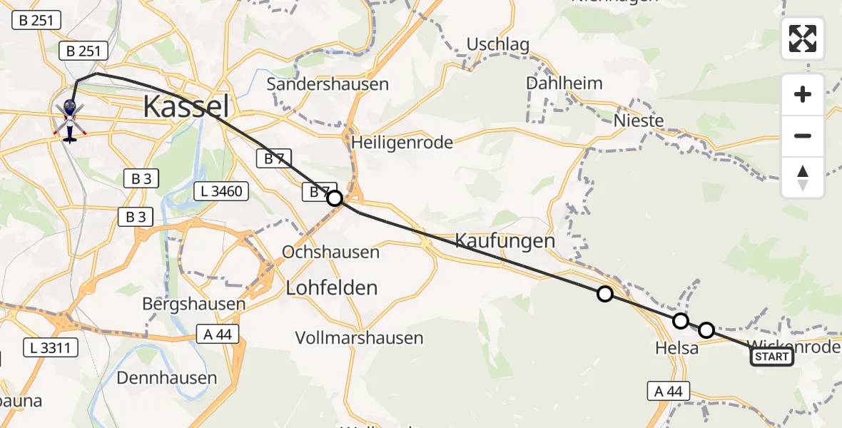 Flugroute Polizeihubschrauber Helsa - Kassel, 16 Oktober 2026, 13:36