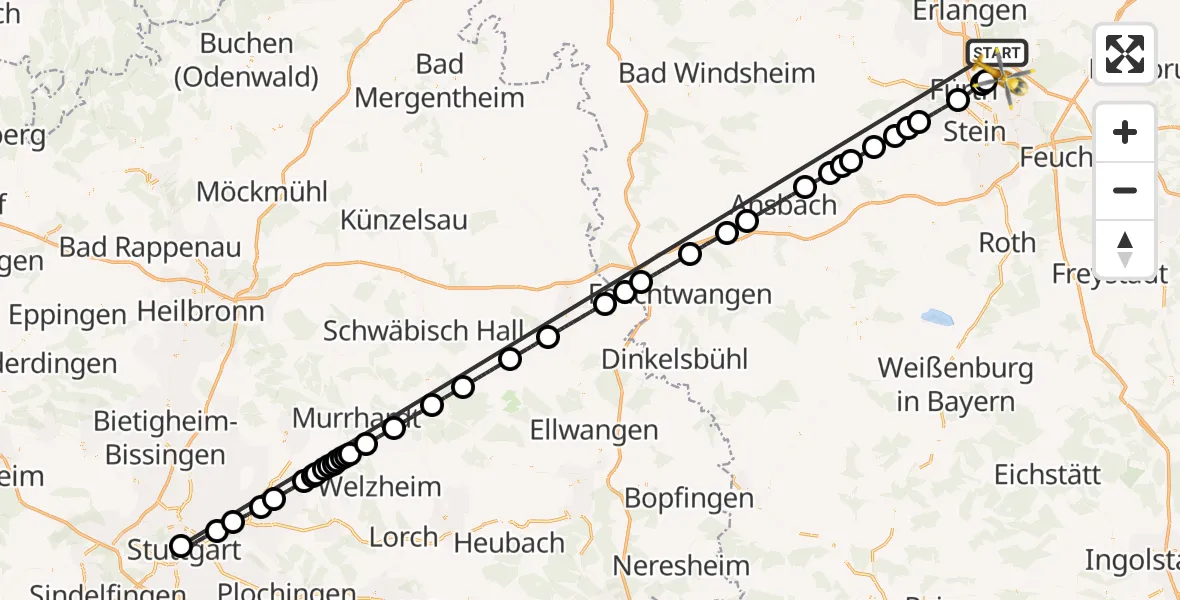 Flugroute Rettungshubschrauber Neunhofer Forst - Flughafen Nuremberg, 16 Oktober 2026, 13:37