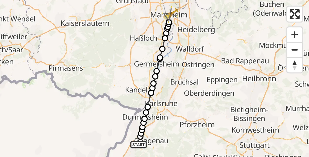 Flugroute Ambulanzhubschrauber Baden-Baden - Mannheim, 16 Oktober 2026, 13:40