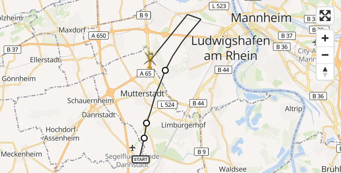 Flugroute Rettungshubschrauber Schifferstadt - Ludwigshafen am Rhein, 16 Oktober 2026, 13:41