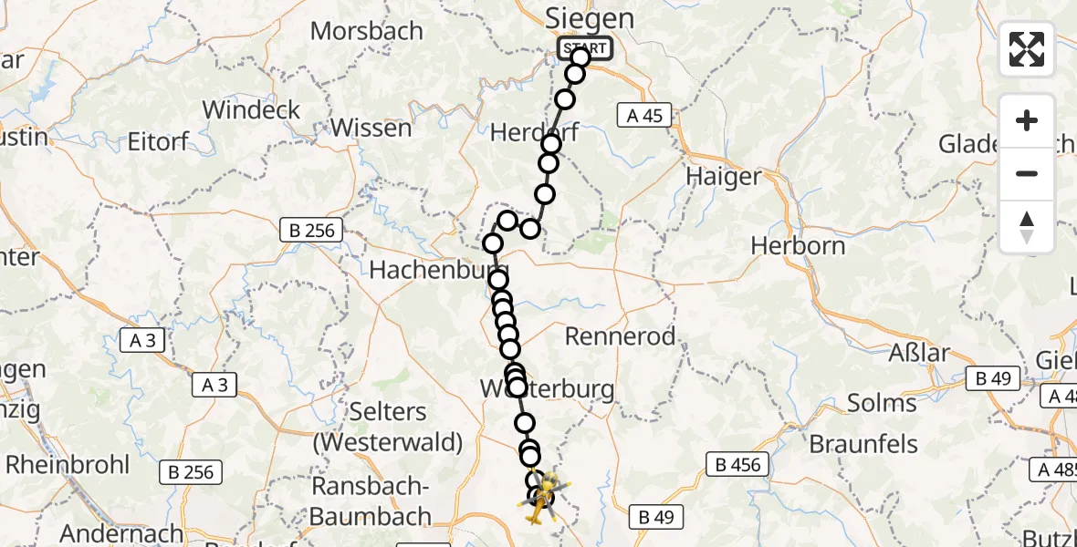 Flugroute Rettungshubschrauber Evangelisches Jung-Stilling Hospital - Hundsangen, 16 Oktober 2026, 13:45