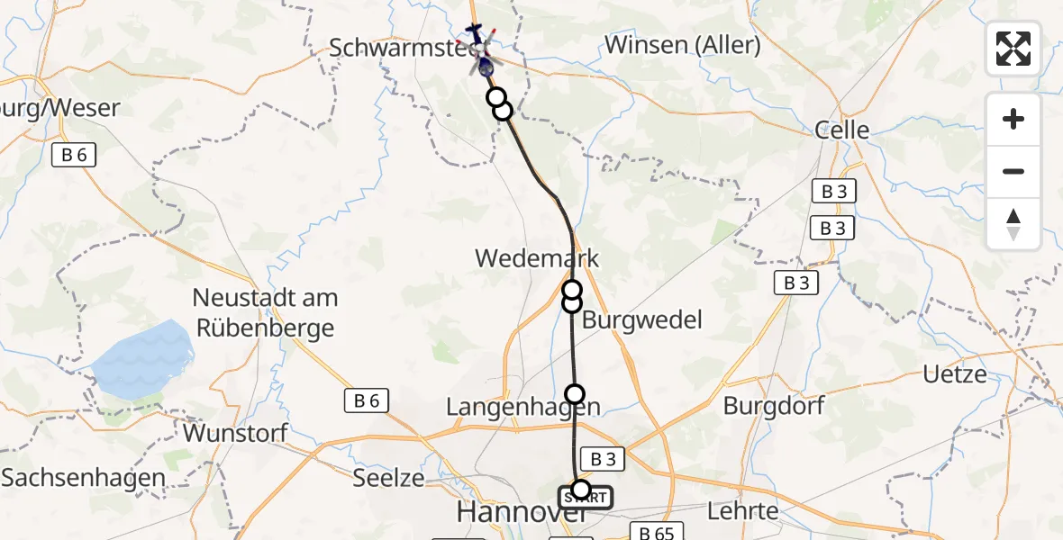 Flugroute Polizeihubschrauber Hannover Luftrettung Hubschrauberlandeplatz (Christoph 4) - Buchholz (Aller), 16 Oktober 2026, 13:48