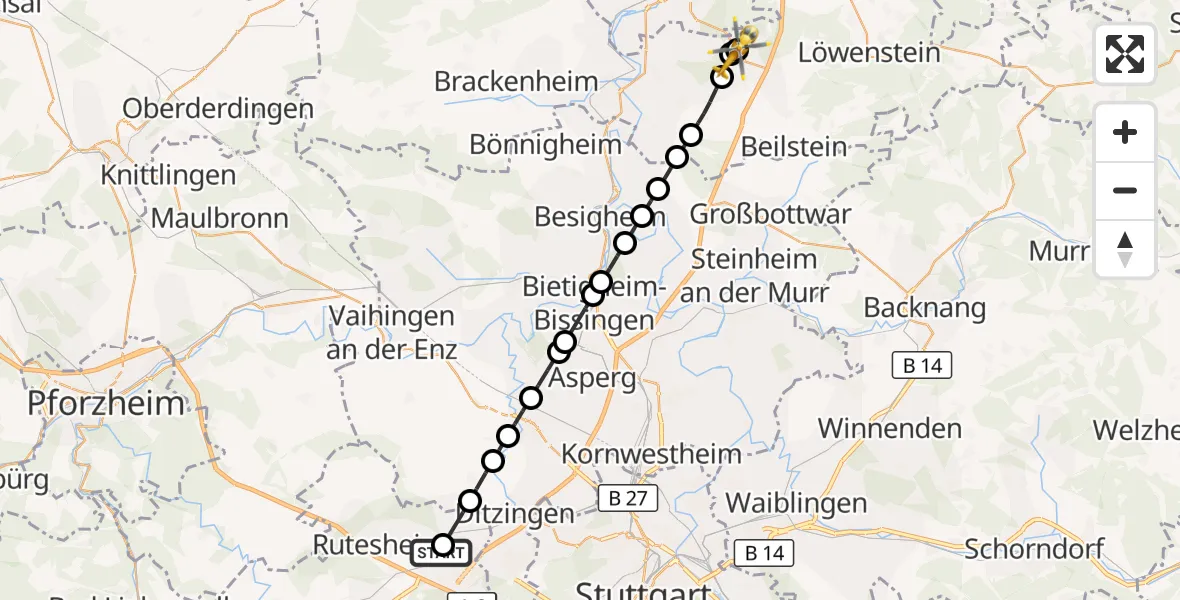 Flugroute Rettungshubschrauber Leonberg Hospital - Untergruppenbach, 16 Oktober 2026, 13:54