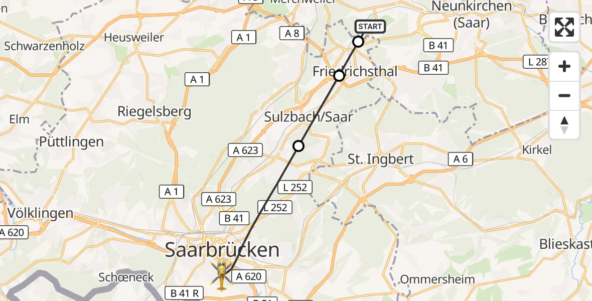 Flugroute Rettungshubschrauber Schiffweiler - Saarbrücken, 16 Oktober 2026, 13:56