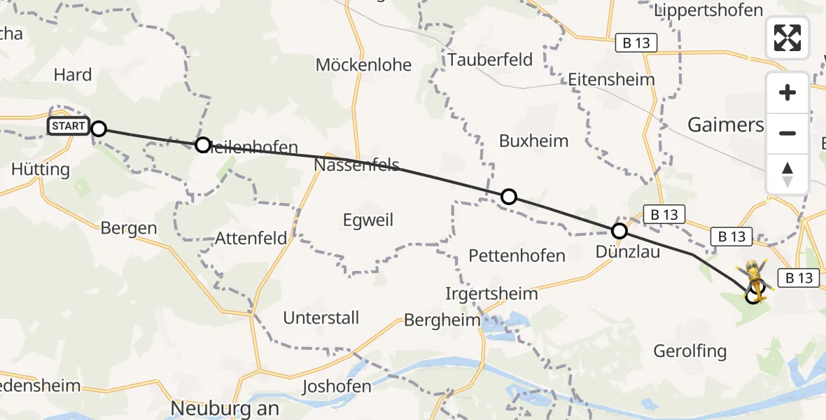 Flugroute Rettungshubschrauber Rennertshofen - Ingolstadt Hospital, 16 Oktober 2026, 13:56