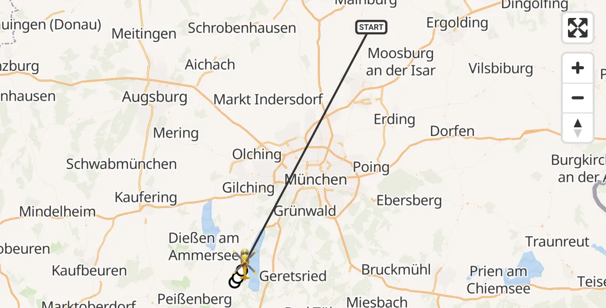Flugroute Rettungshubschrauber Rudelzhausen - Starnberger See, 16 Oktober 2026, 13:58