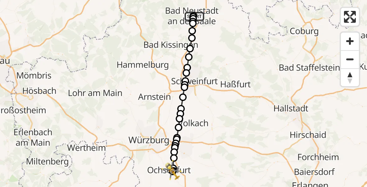 Flugroute Rettungshubschrauber Bad Neustadt an der Saale Hospital - Ochsenfurt Hospital, 16 Oktober 2026, 14:01