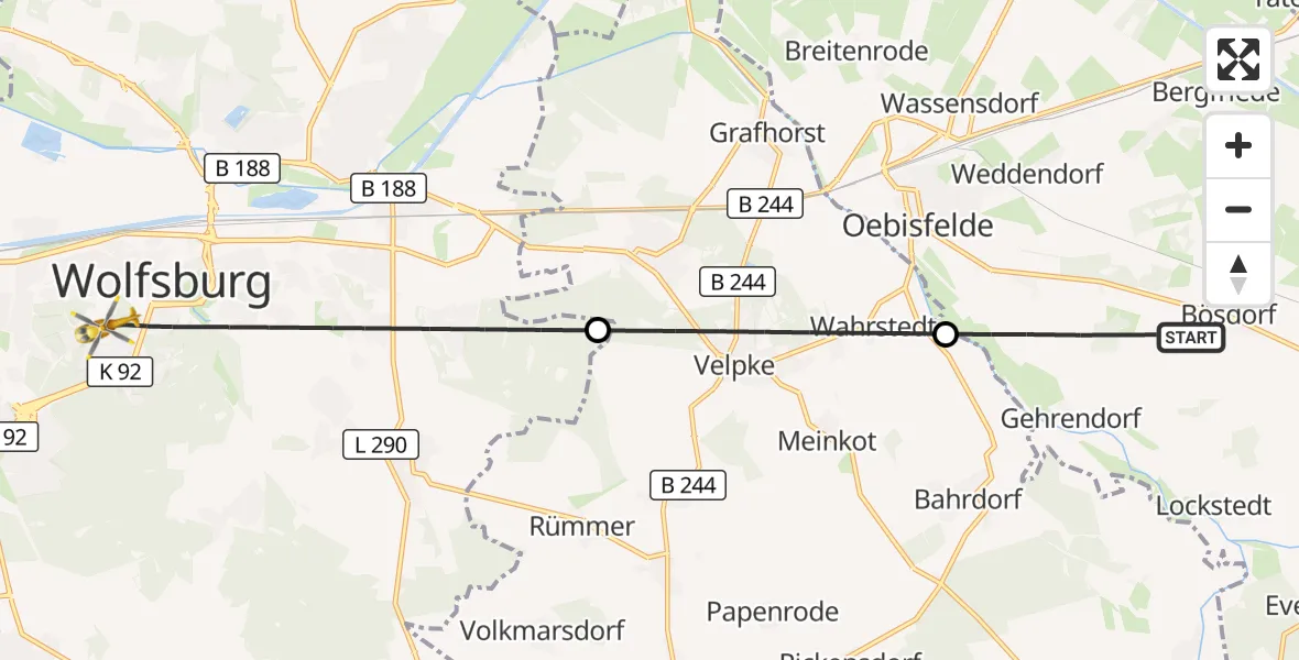 Flugroute Rettungshubschrauber Oebisfelde-Weferlingen - Wolfsburg, 16 Oktober 2026, 14:04