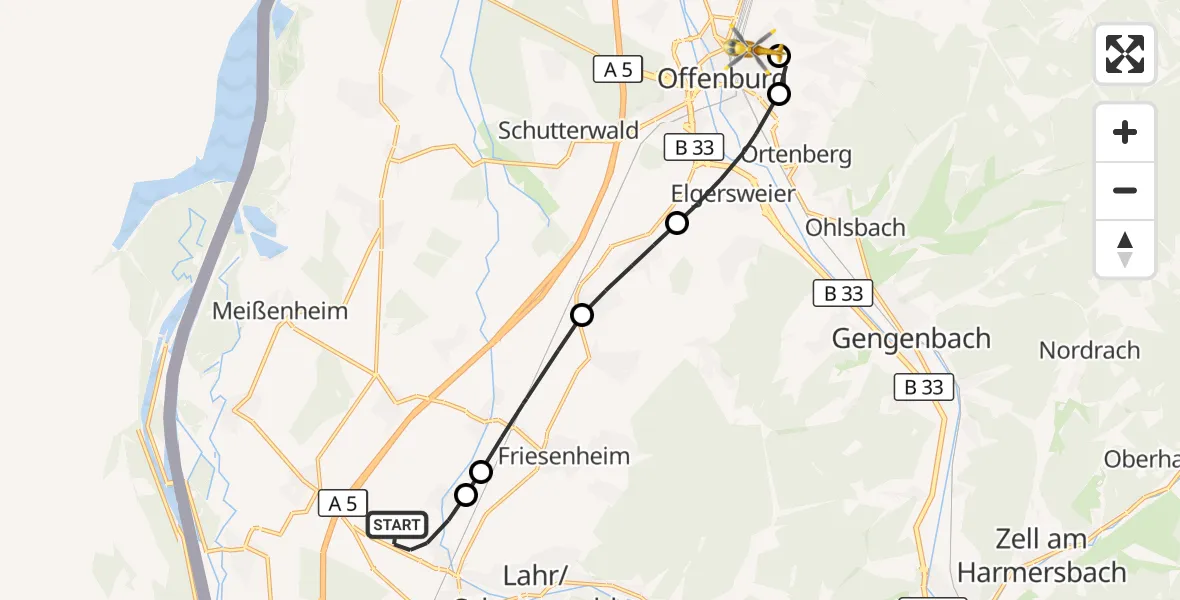 Flugroute Rettungshubschrauber Lahr/Schwarzwald - Offenburg, 16 Oktober 2026, 14:06