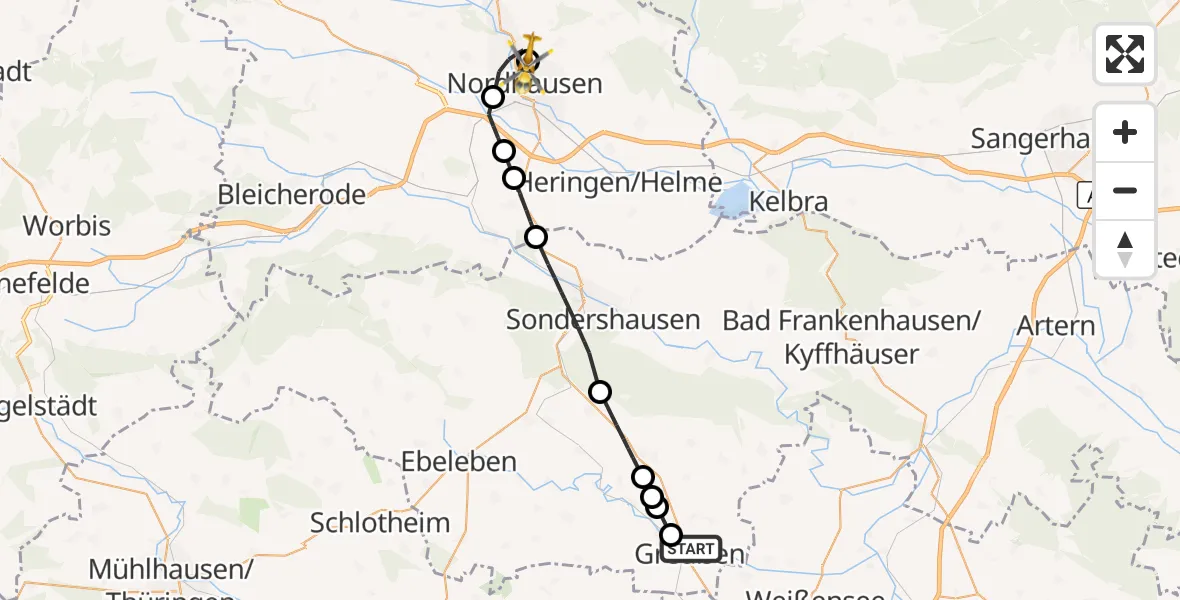 Flugroute Rettungshubschrauber Greußen - Südharz Hospital Nordhausen, 16 Oktober 2026, 14:07