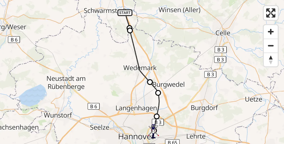 Flugroute Polizeihubschrauber Buchholz (Aller) - Hannover Luftrettung Hubschrauberlandeplatz (Christoph 4), 16 Oktober 2026, 14:18