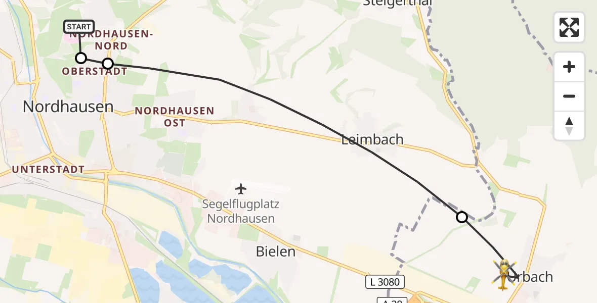 Flugroute Rettungshubschrauber Südharz Hospital Nordhausen - Urbach, 16 Oktober 2026, 14:28