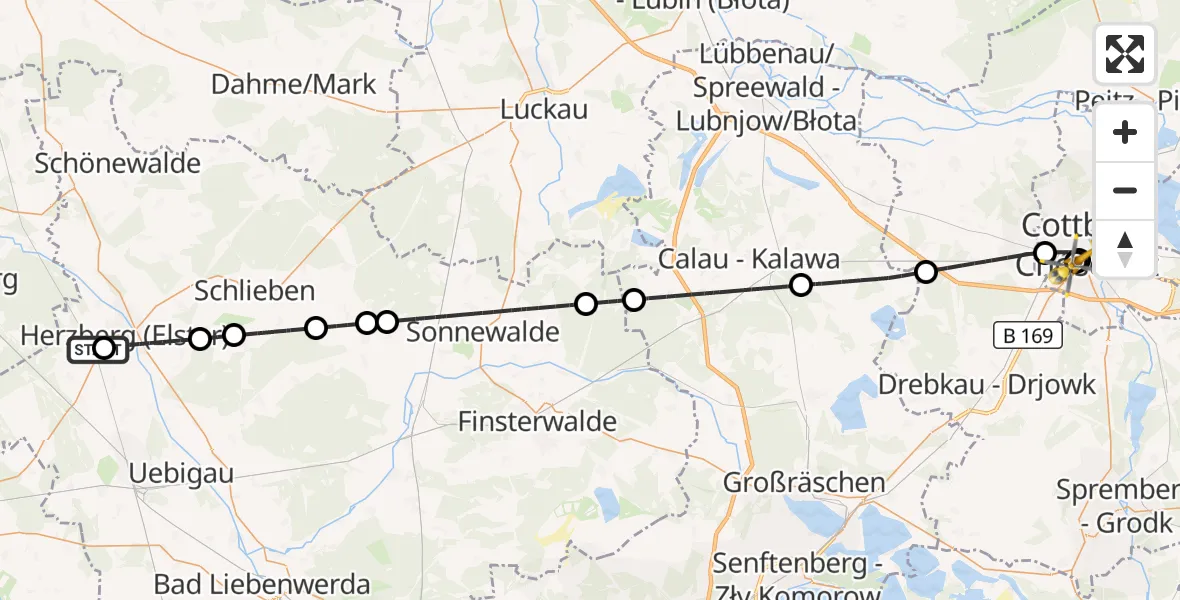 Flugroute Ambulanzhubschrauber Elbe-Elster Hospital Herzberg - Carl Thien Hospital Cottbus, 16 Oktober 2026, 14:35