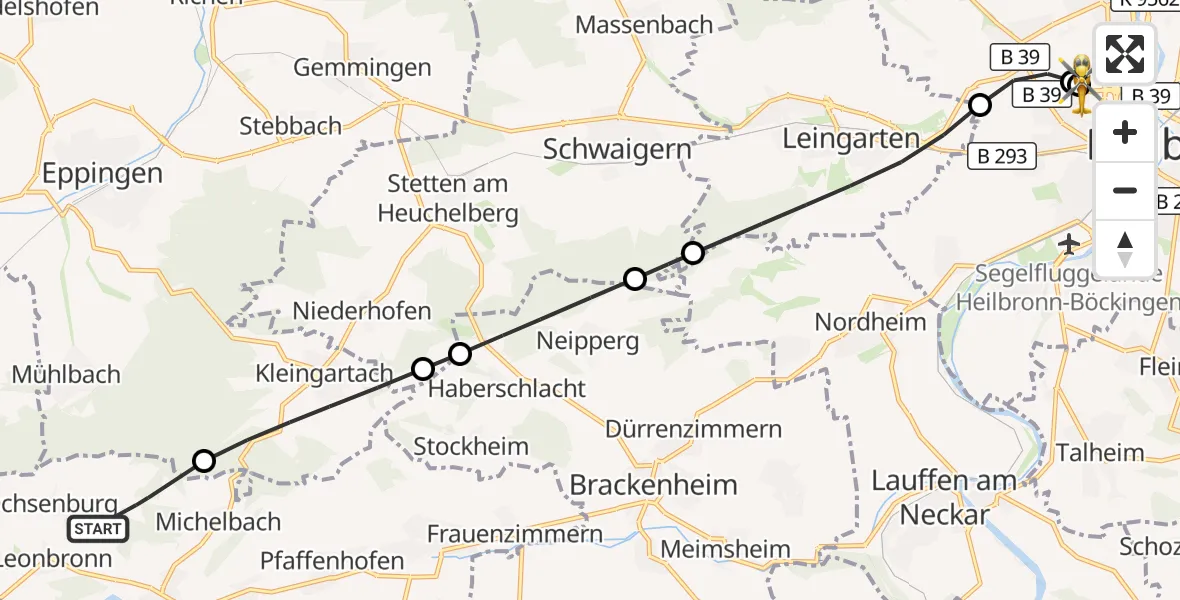 Flugroute Rettungshubschrauber Zaberfeld - Heilbronn Hospital, 16 Oktober 2026, 14:37
