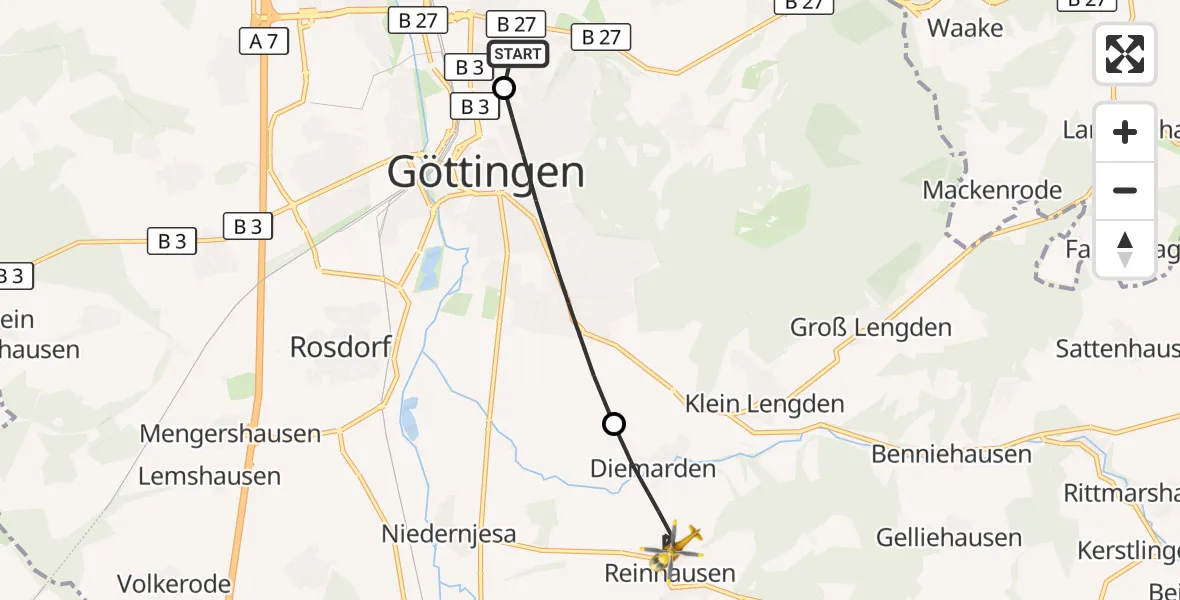 Flugroute Rettungshubschrauber Göttingen University Clinic Hubschrauberlandeplatz - Gleichen, 16 Oktober 2026, 14:40