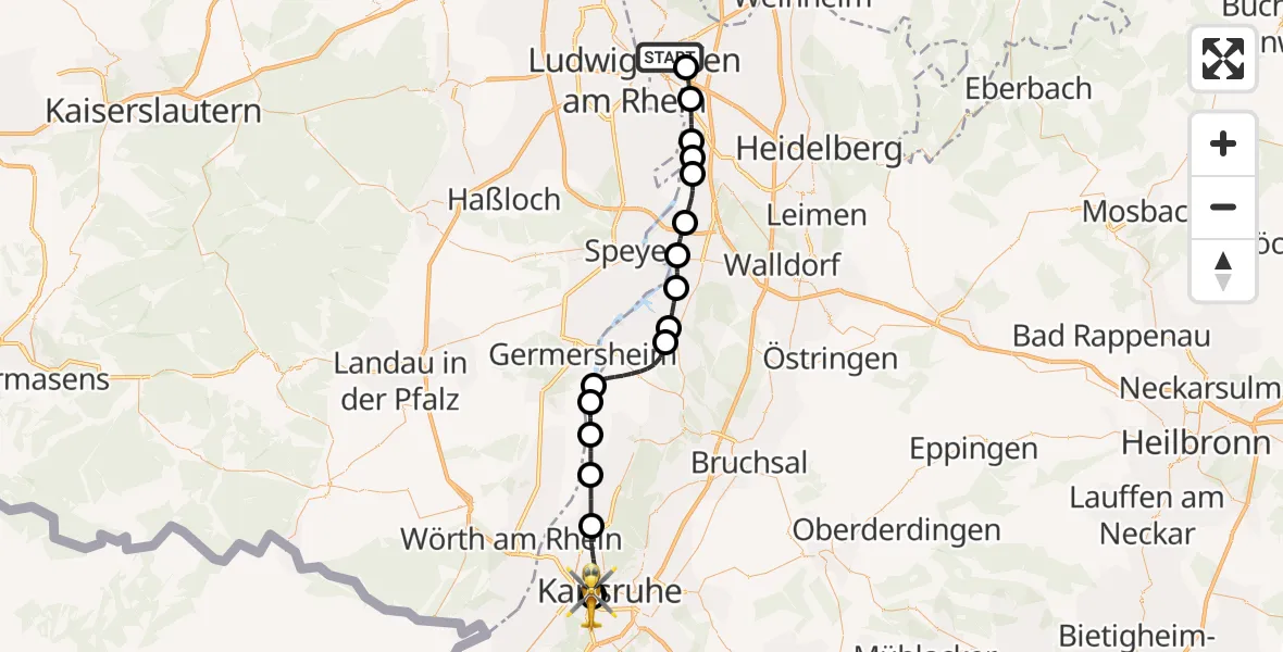 Flugroute Ambulanzhubschrauber Mannheim - Sankt Vincentius Hospital, 16 Oktober 2026, 14:42