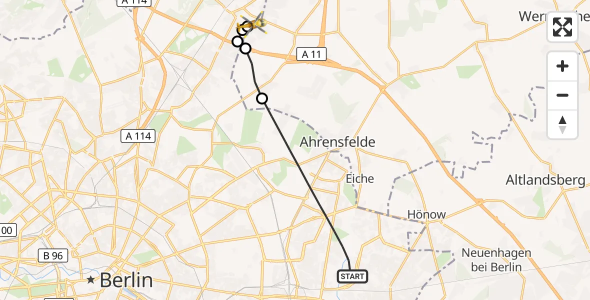 Flugroute Rettungshubschrauber Berlin - Helios Clinic Berlin-Buch, 16 Oktober 2026, 14:45