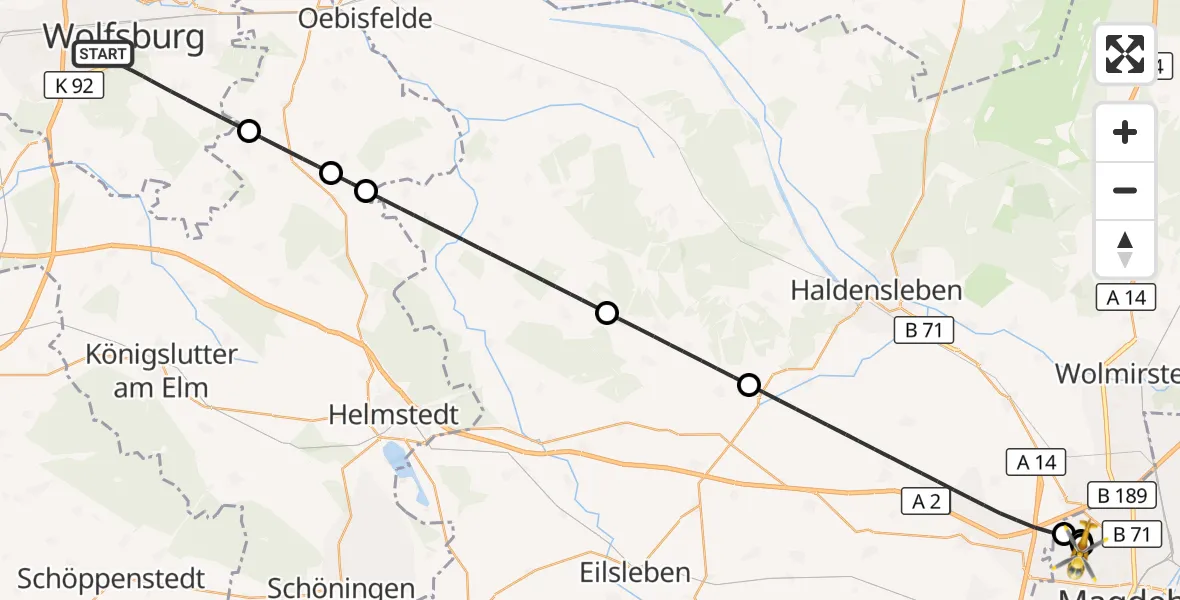Flugroute Rettungshubschrauber Wolfsburg - Magdeburg Hospital, 16 Oktober 2026, 14:46