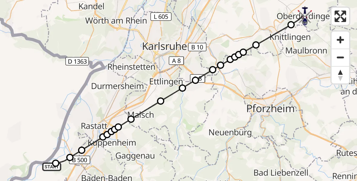 Flugroute Polizeihubschrauber Karlsruhe Baden-Baden Flughafen - Oberderdingen, 16 Oktober 2026, 14:49