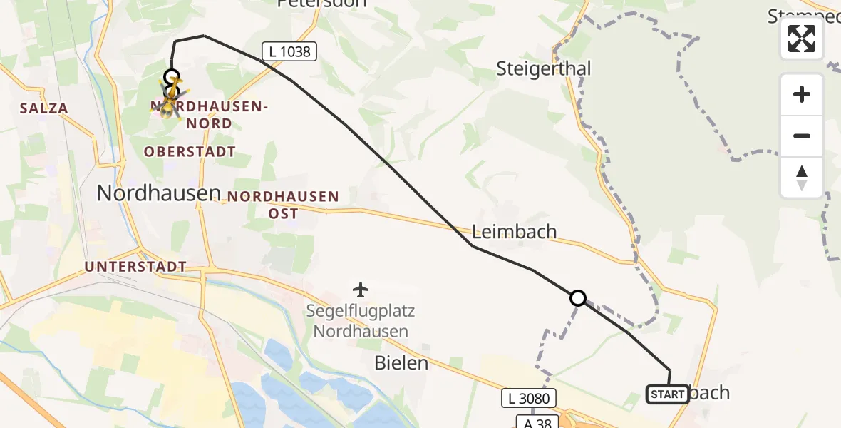 Flugroute Rettungshubschrauber Urbach - Südharz Hospital Nordhausen, 16 Oktober 2026, 15:03