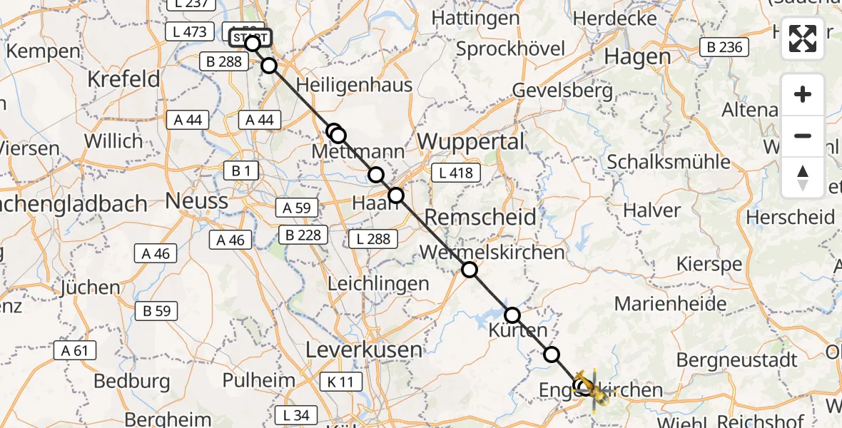 Flugroute Rettungshubschrauber Duisburg Air Rescue Hubschrauberlandeplatz (Christoph 9) - Engelskirchen, 16 Oktober 2026, 15:04