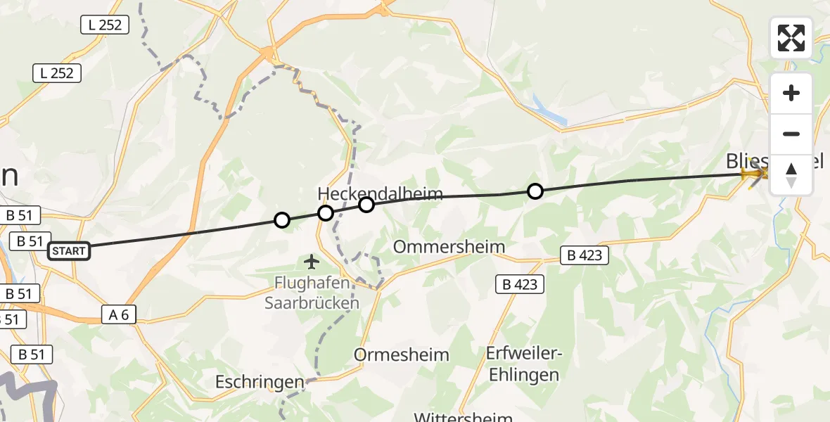 Flugroute Rettungshubschrauber Saarbrücken - Blieskastel, 16 Oktober 2026, 15:10