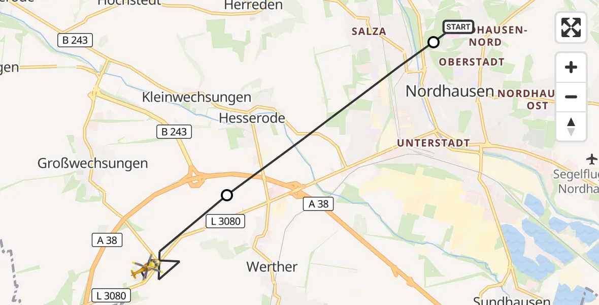 Flugroute Rettungshubschrauber Südharz Hospital Nordhausen - Werther, 16 Oktober 2026, 15:12