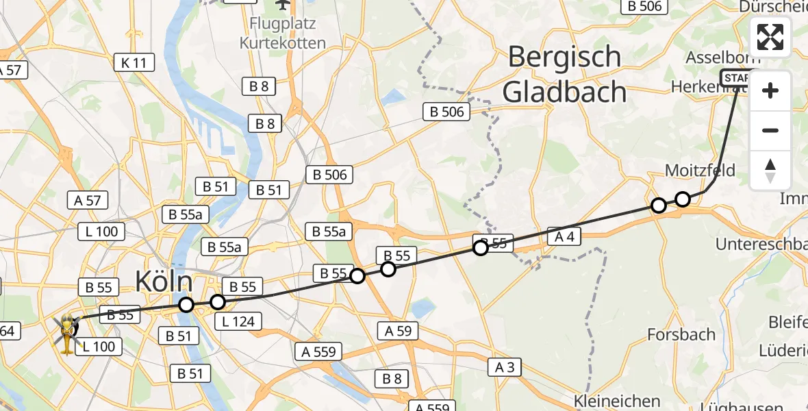 Flugroute Ambulanzhubschrauber Bergisch Gladbach - Köln University Hospital, 16 Oktober 2026, 15:18