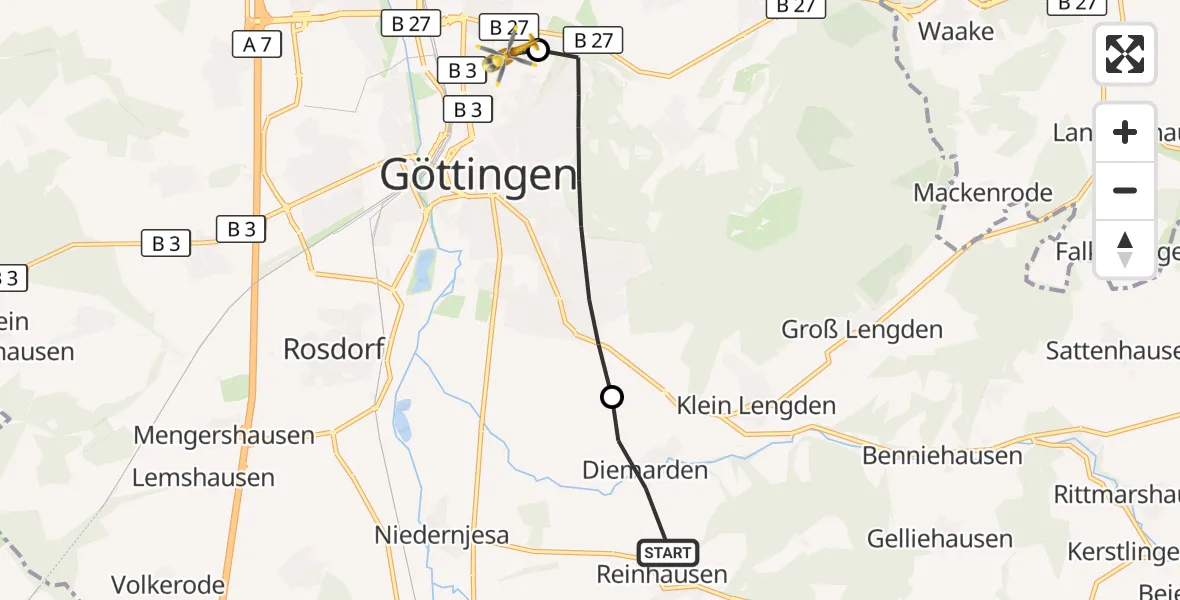 Flugroute Rettungshubschrauber Gleichen - Göttingen University Clinic Hubschrauberlandeplatz, 16 Oktober 2026, 15:23