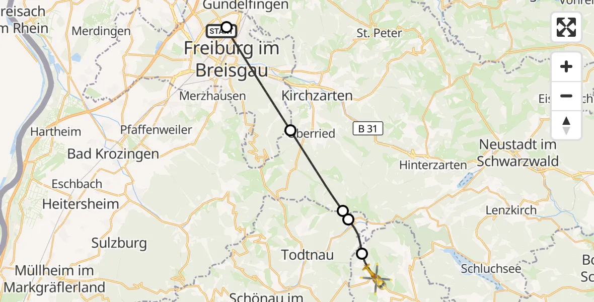 Flugroute Ambulanzhubschrauber Freiburg im Breisgau Flugplatz - Bernau im Schwarzwald, 16 Oktober 2026, 15:29