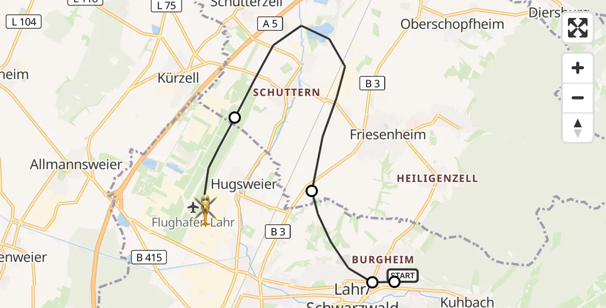Flugroute Rettungshubschrauber Ortenau Hospital Lahr-Ettenheim - Lahr Flughafen, 16 Oktober 2026, 15:31