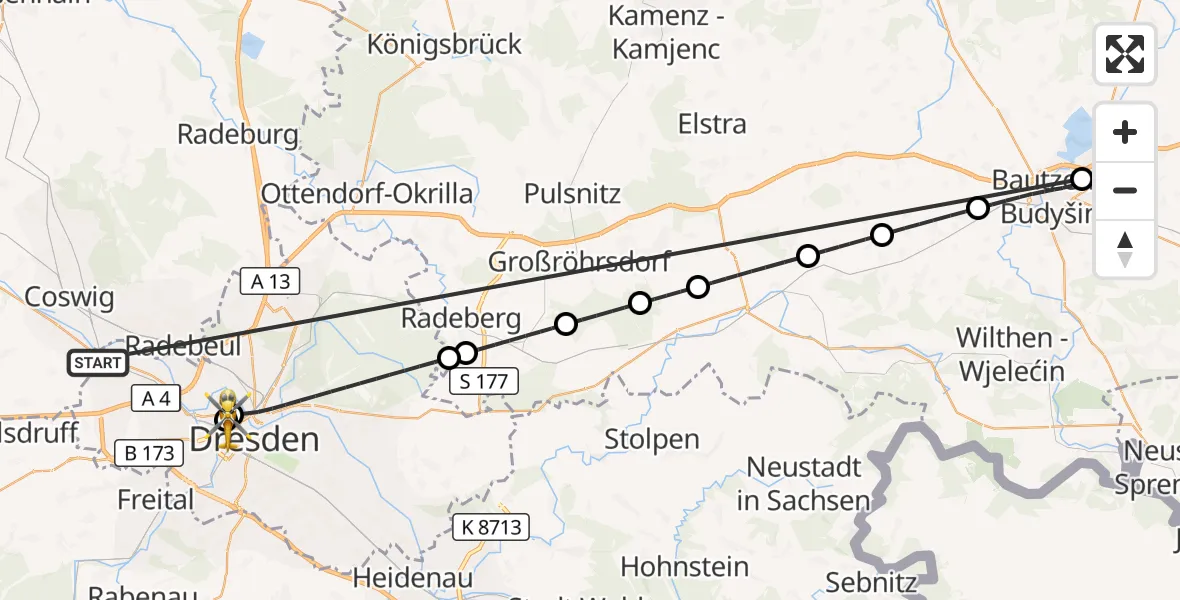 Flugroute Rettungshubschrauber Dresden - Dresden Friedrichstadt Hospital, 16 Oktober 2026, 15:32