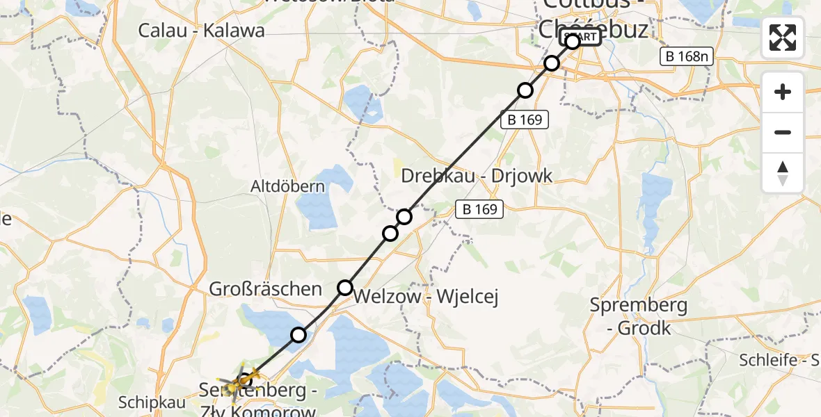 Flugroute Ambulanzhubschrauber Carl Thien Hospital Cottbus - ADAC Luftrettungsstation Senftenberg Hubschrauberlandeplatz, 16 Oktober 2026, 15:33