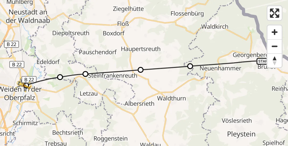 Flugroute Ambulanzhubschrauber Georgenberg - Weiden Hospital, 16 Oktober 2026, 15:34