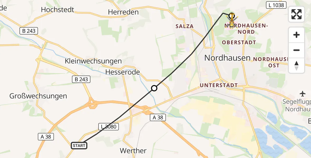 Flugroute Rettungshubschrauber Werther - Südharz Hospital Nordhausen, 16 Oktober 2026, 15:35