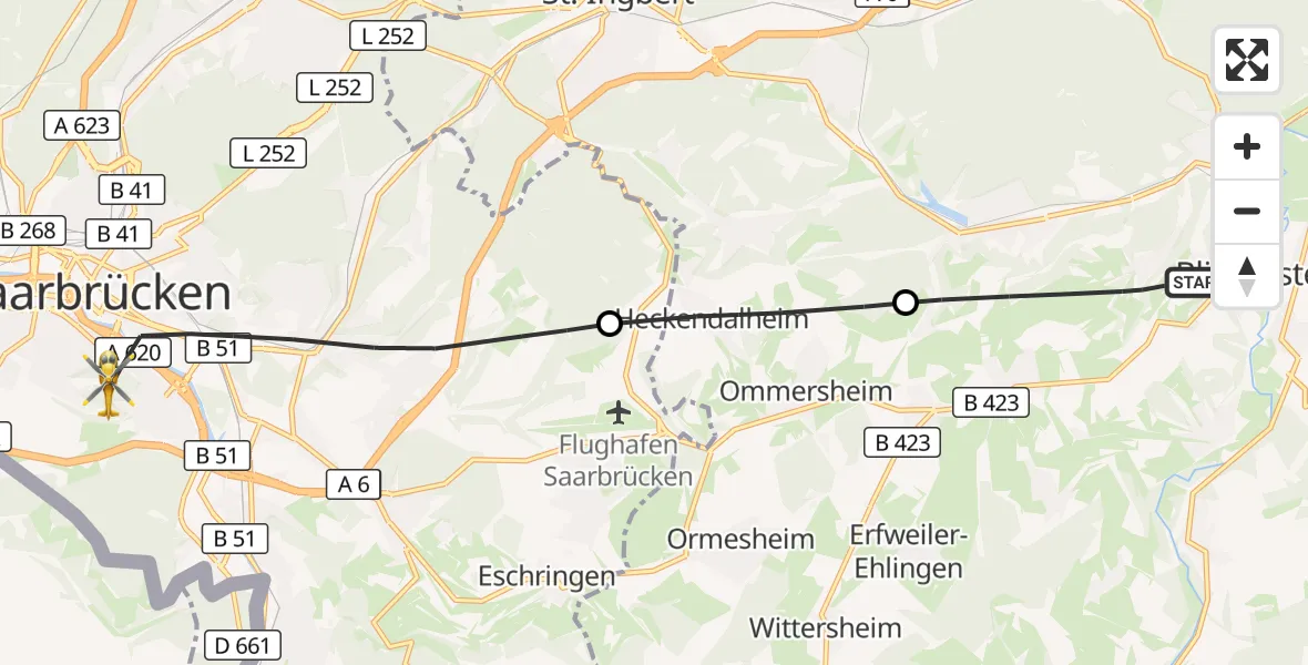 Flugroute Rettungshubschrauber Blieskastel - Saarbrücken, 16 Oktober 2026, 15:37