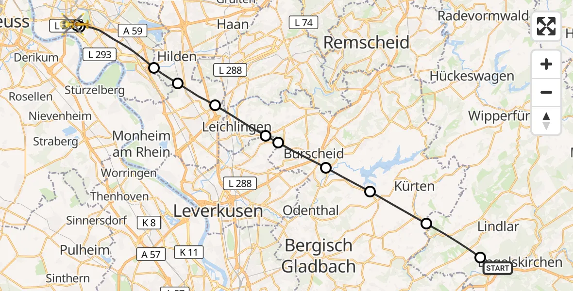 Flugroute Rettungshubschrauber Engelskirchen - Düsseldorf University Hospital, 16 Oktober 2026, 15:41