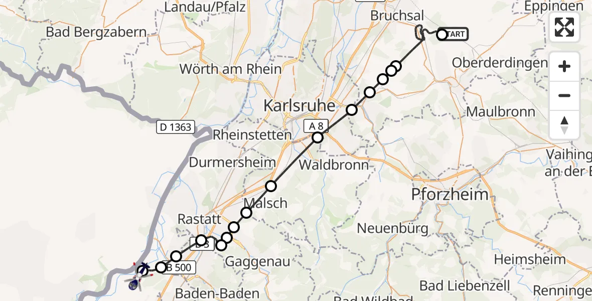 Flugroute Polizeihubschrauber Kraichtal - Karlsruhe Baden-Baden Flughafen, 16 Oktober 2026, 15:56
